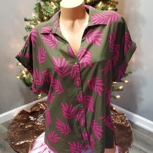 Massini tropical leaf button up shirt wide sleeves XL NWOT